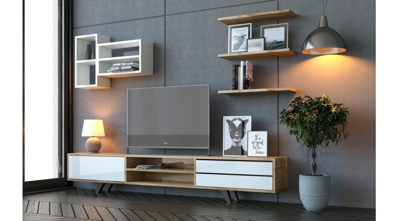 Comoda TV, Hanah Home, Rb-065, 180x45x40 cm, Alb / Stejar - imagine 6